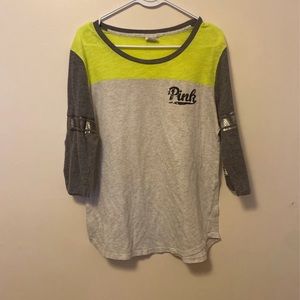 PINK neon yellow and grey shirt. Sequin on the arm